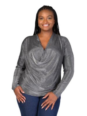24seven Comfort Apparel Women's Elevate Curvy Cowl Neck Long Sleeve Top, Silver, 3X