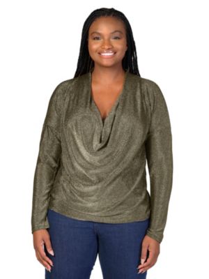 24seven Comfort Apparel Women's Elevate Curvy Cowl Neck Long Sleeve Top, Gold, 1X