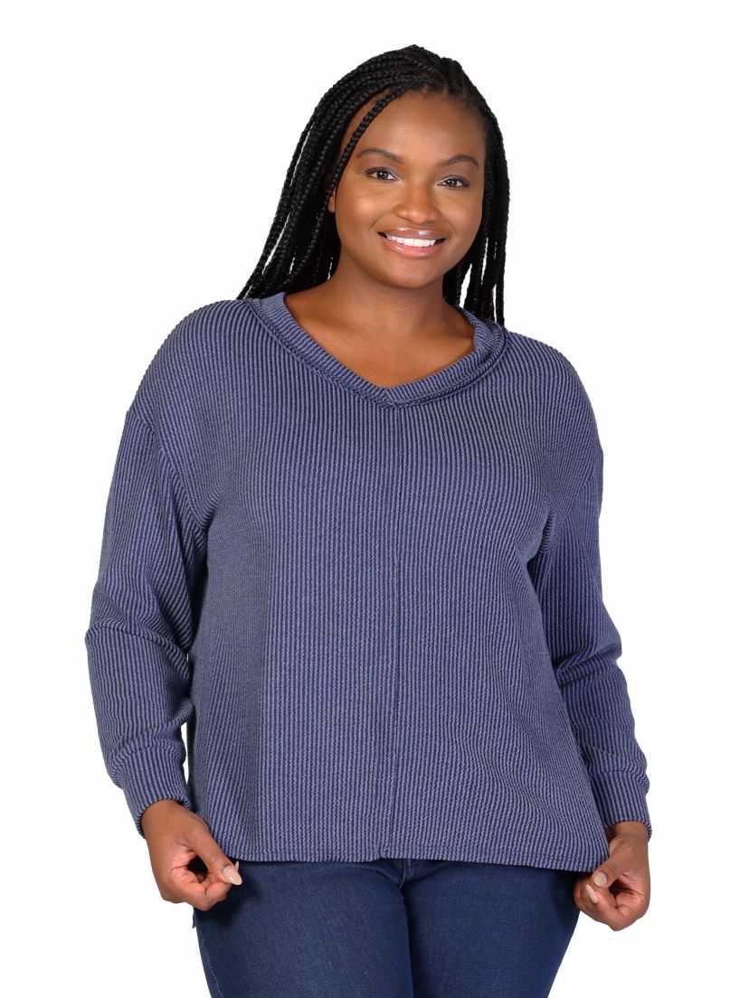 Relaxed Plus Size Fit Ribbed Knit V Neck Sweater Top