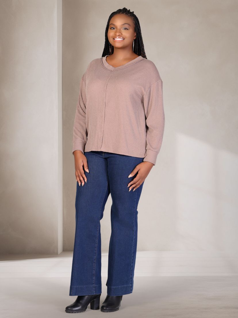 Relaxed Plus Size Fit Ribbed Knit V Neck Sweater Top