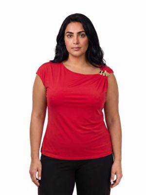 24seven Comfort Apparel Women's Elevate Curvy Cap Sleeve Asymmetrical Boat Neck With Gold Shoulder Brooch Top, Red, 3XL