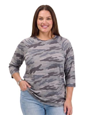 24seven Comfort Apparel Women's Basic Curvy Soft Stretch Three-Quarter Sleeve Camouflage Top