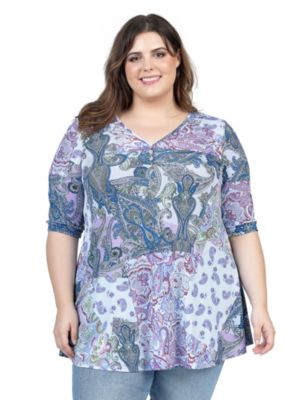 24seven Comfort Apparel Purple Paisley Print Plus Size Elbow Sleeve V ...