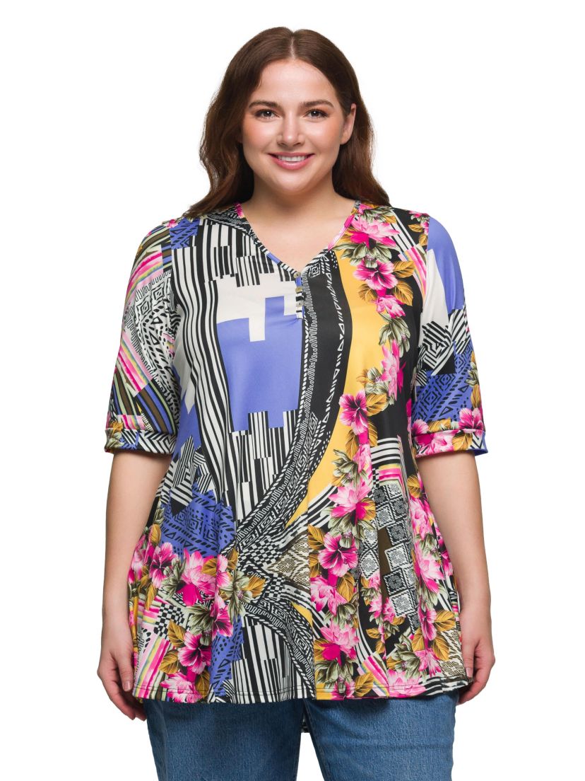 Plus Size Multicolor Floral Print Elbow Sleeve V Neck Henley Tunic Top
