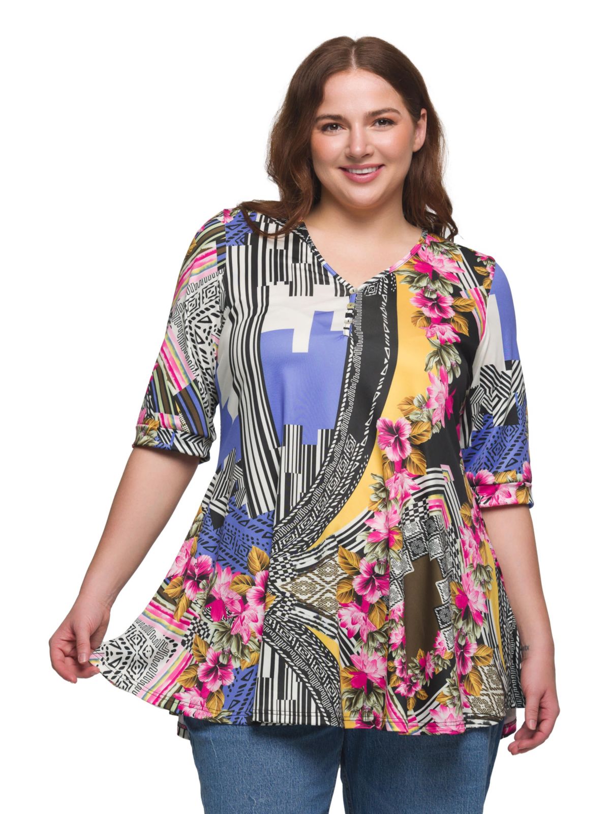 Plus Size Multicolor Floral Print Elbow Sleeve V Neck Henley Tunic Top