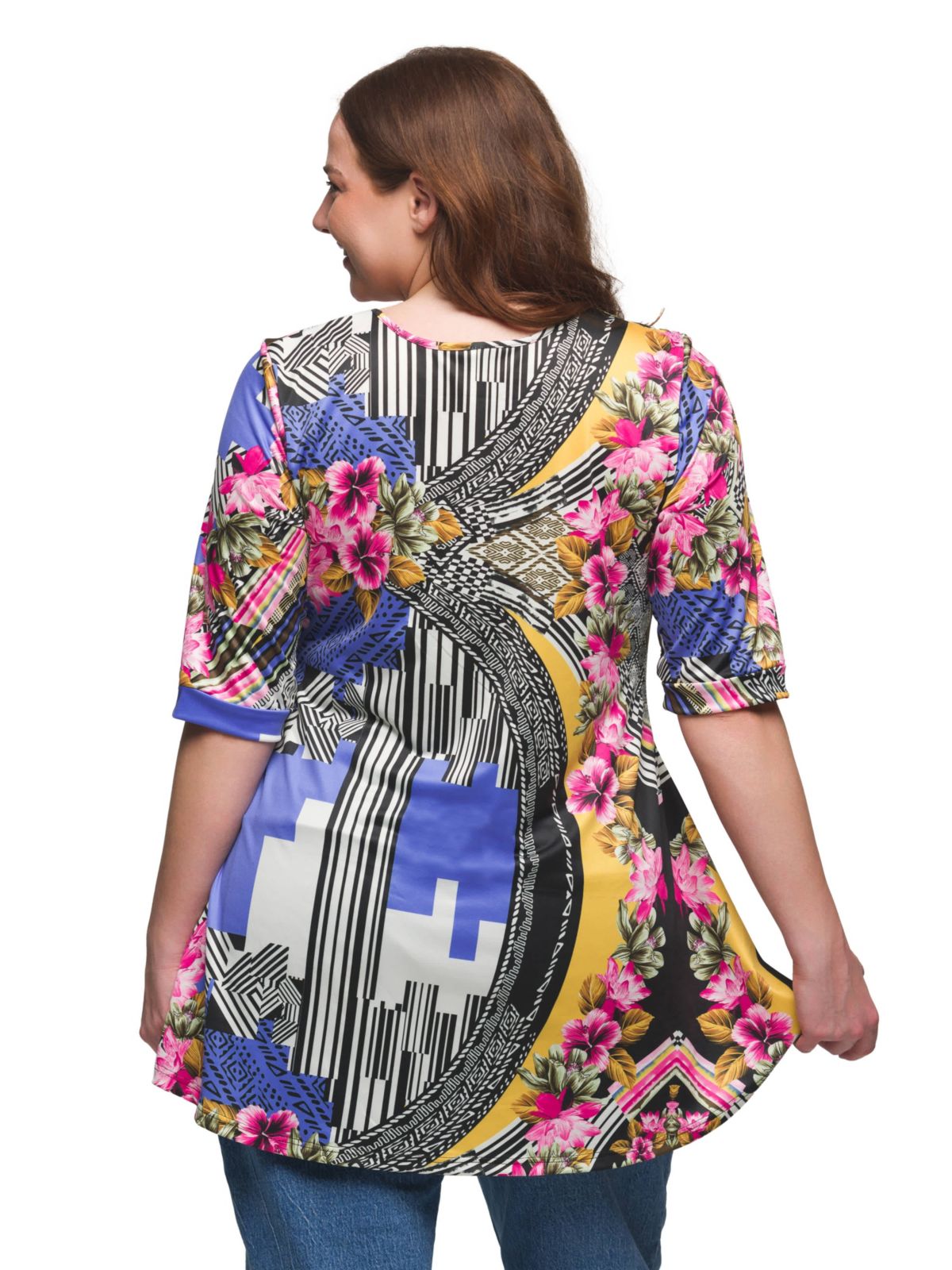 Plus Size Multicolor Floral Print Elbow Sleeve V Neck Henley Tunic Top