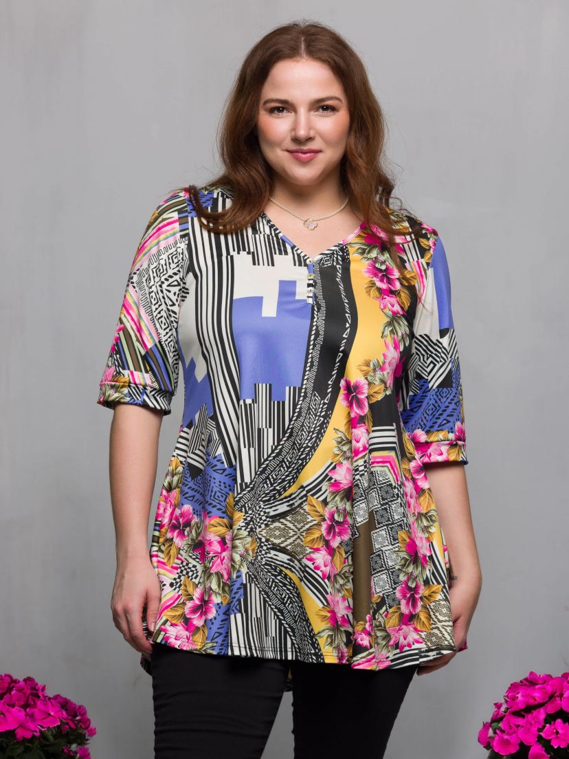 Plus Size Multicolor Floral Print Elbow Sleeve V Neck Henley Tunic Top