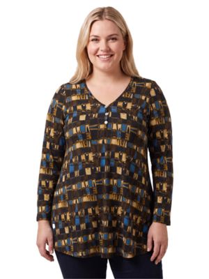 24seven Comfort Apparel Women's Essential Curvy Geometric Flared Long Sleeve Henley Tunic Top
