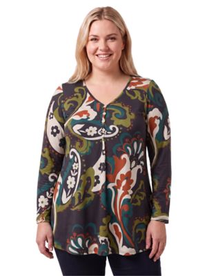24seven Comfort Apparel Women's Essential Curvy Paisley Floral Flared Long Sleeve Henley Tunic Top
