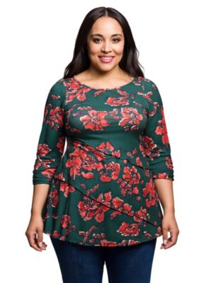 24seven Comfort Apparel Womens Plus Size Green Floral Print Three Quarter Sleeve Tunic Top