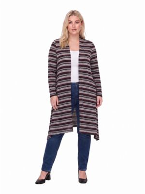 24seven Comfort Apparel Women's Essential Curvy Open Front Striped Long Sleeves Cardigan Jacket
