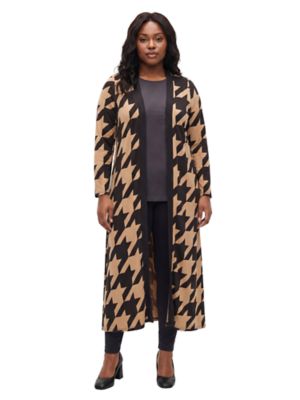 24seven Comfort Apparel Women's Essential Curvy Geometric Houndstooth Open Front Soft Stretch Long Cardigan