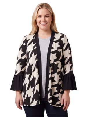 24seven Comfort Apparel Women's Essential Curvy Geometric Houndstooth Soft Stretch Bell Sleeve Open Front Jacket
