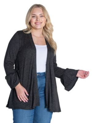 24seven Comfort Apparel Women's Plus Size Knit Three Quarter Bell Sleeve Open Cardigan