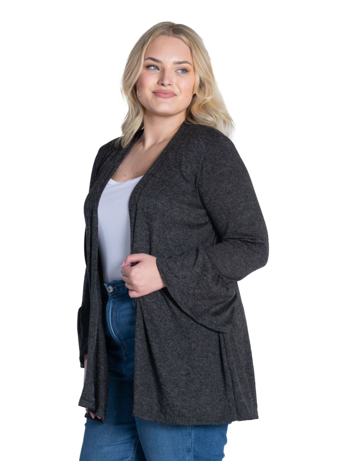 Plus Size Knit Three Quarter Bell Sleeve Open Cardigan