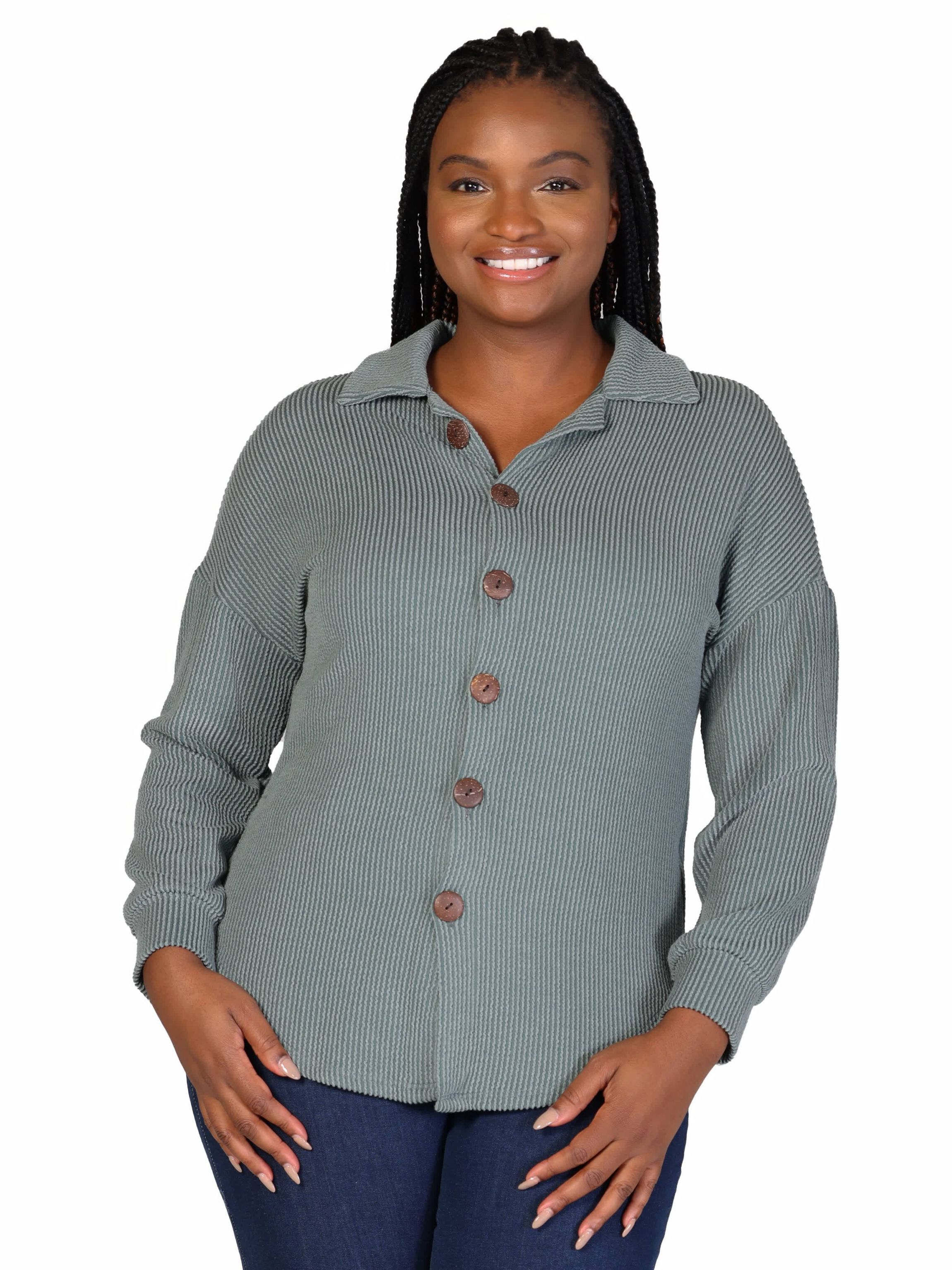 Plus Size Ribbed Button Up Long Sleeve Collared Shirt Jacket