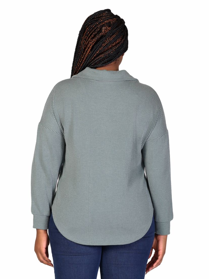 Plus Size Ribbed Button Up Long Sleeve Collared Shirt Jacket
