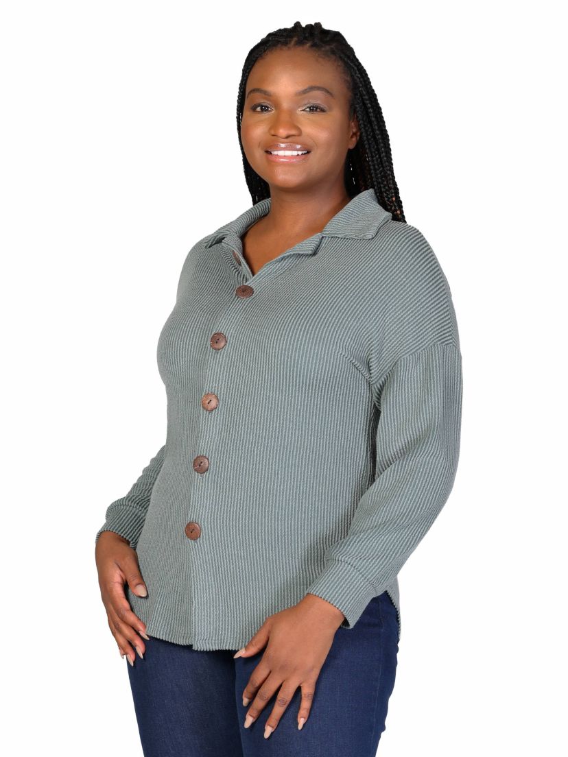 Plus Size Ribbed Button Up Long Sleeve Collared Shirt Jacket
