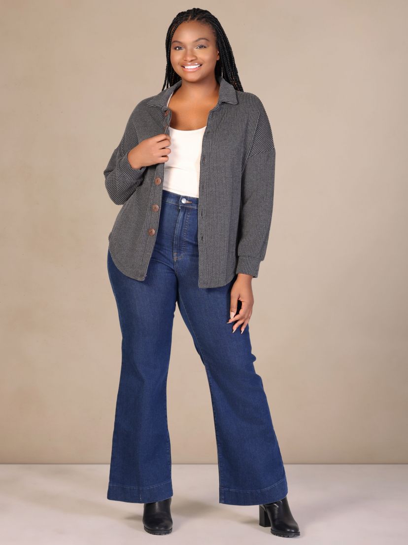 Plus Size Ribbed Button Up Long Sleeve Collared Shirt Jacket