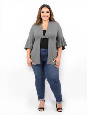 24seven Comfort Apparel Womens Plus Size Tie Front Bell Sleeve Cardigan