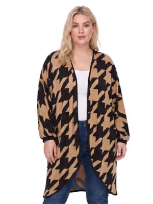 24seven Comfort Apparel Women's Essential Curvy Geometric Houndstooth Open Front Cardigan Jacket