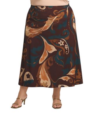 24seven Comfort Apparel Womens Plus Size Elastic Waist Maxi Skirt Brown Print