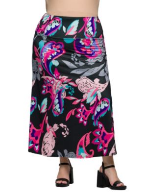 24seven Comfort Apparel Women's Plus Size Black and Pink Paisley Elastic Waist A Line Maxi Skirt