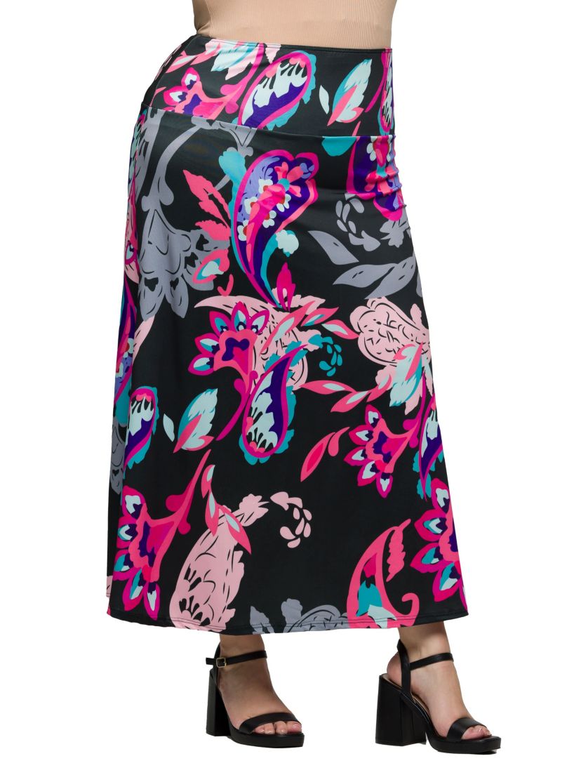 Plus Size Black and Pink Paisley Elastic Waist A Line Maxi Skirt