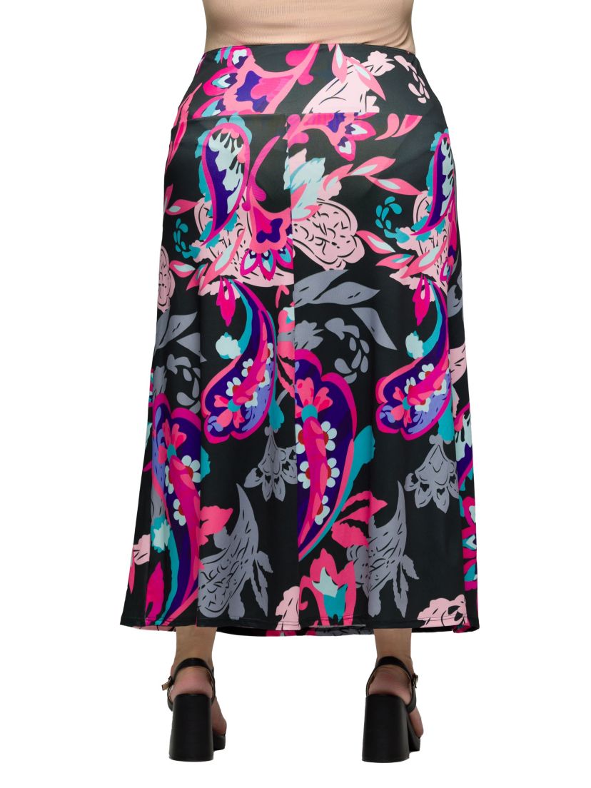 Plus Size Black and Pink Paisley Elastic Waist A Line Maxi Skirt
