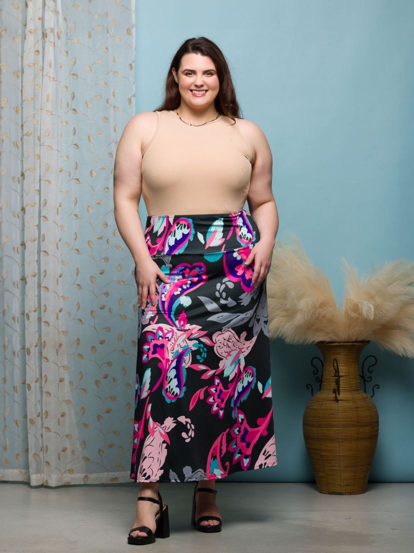 Plus Size Black and Pink Paisley Elastic Waist A Line Maxi Skirt