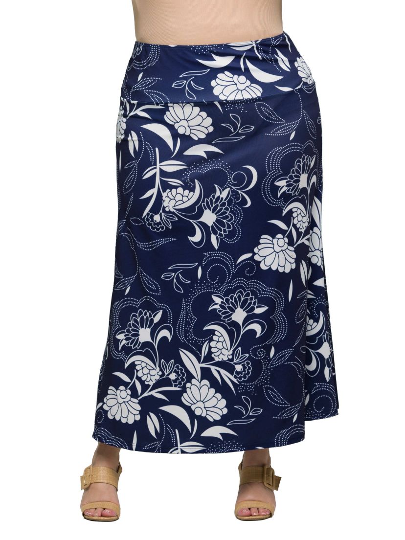 Plus Size Navy Floral Print Elastic Waist A Line Maxi Skirt