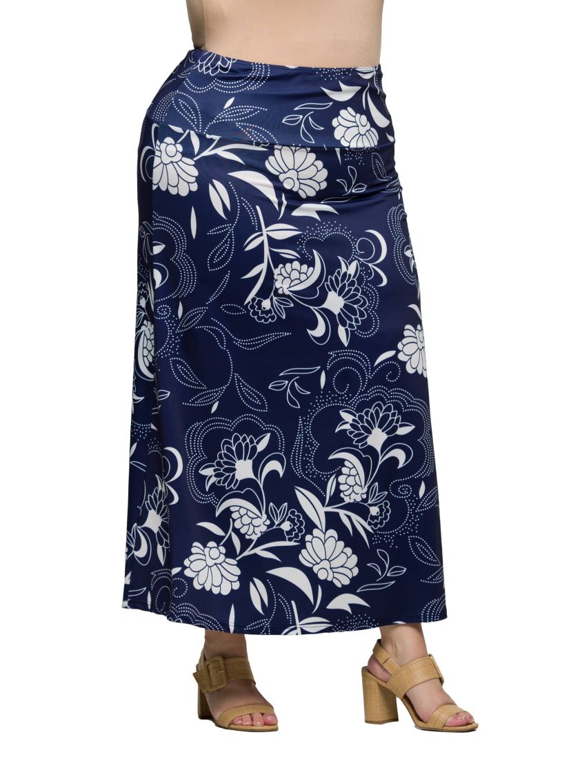 Plus Size Navy Floral Print Elastic Waist A Line Maxi Skirt