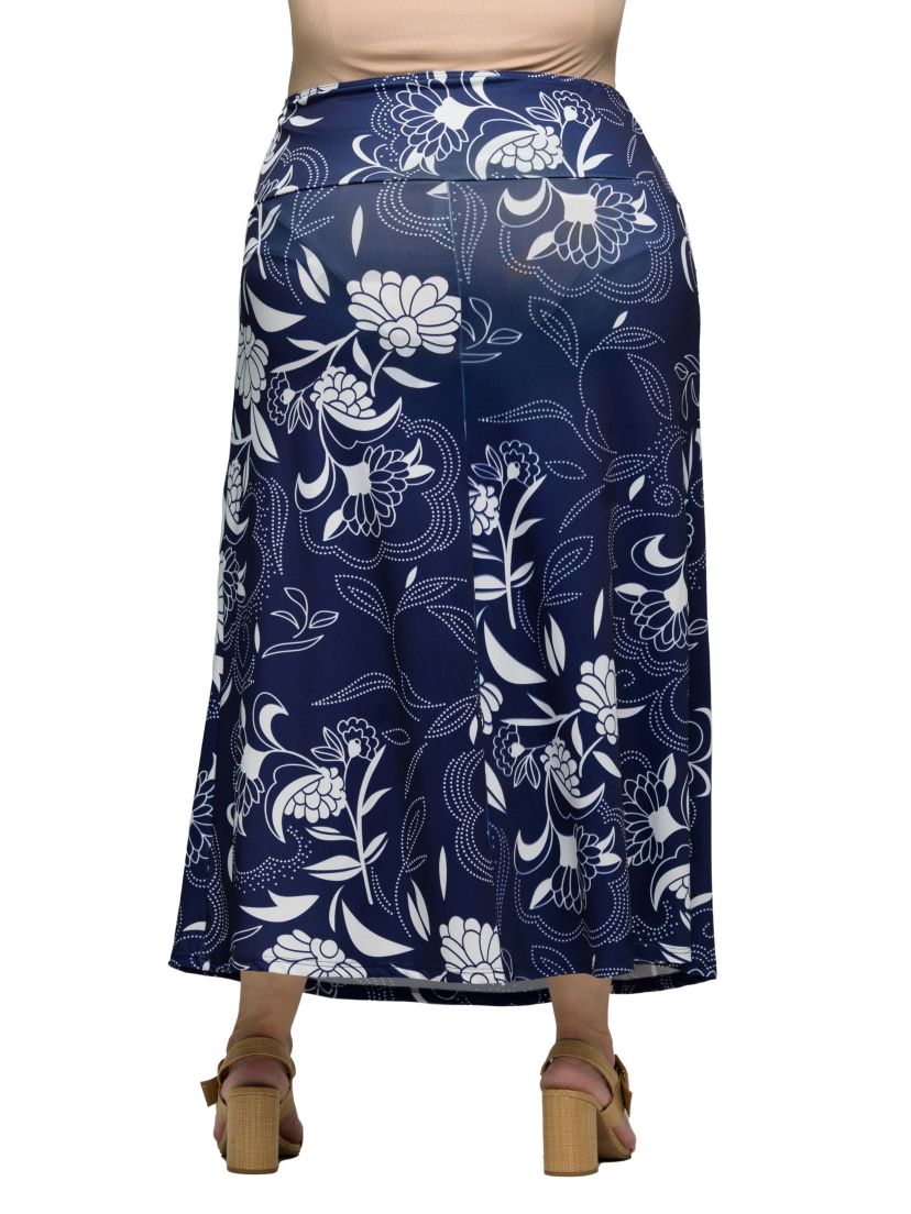 Plus Size Navy Floral Print Elastic Waist A Line Maxi Skirt
