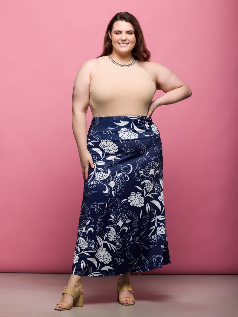 Plus Size Navy Floral Print Elastic Waist A Line Maxi Skirt