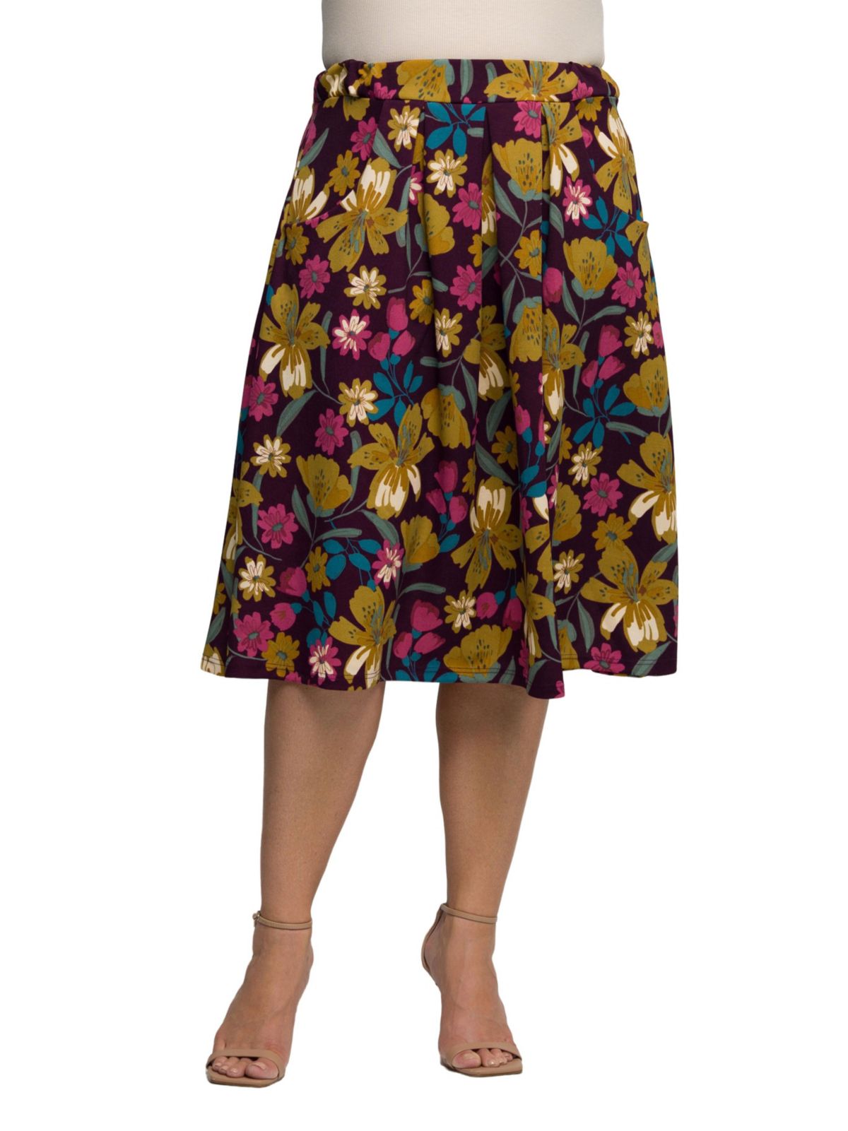 Womens Plus Size Purple Floral Elastic Waist Pocket Midi Skirt