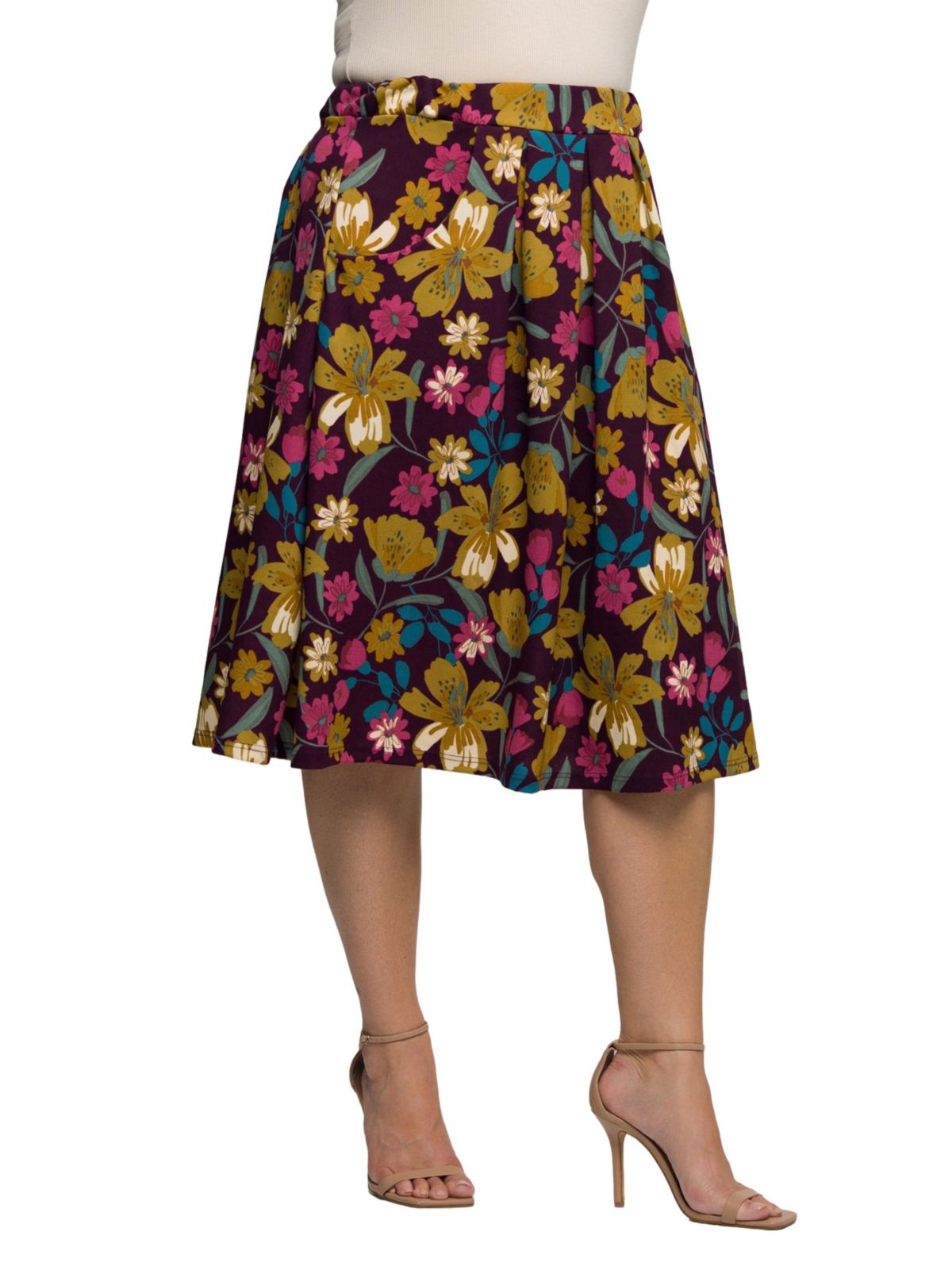 Womens Plus Size Purple Floral Elastic Waist Pocket Midi Skirt