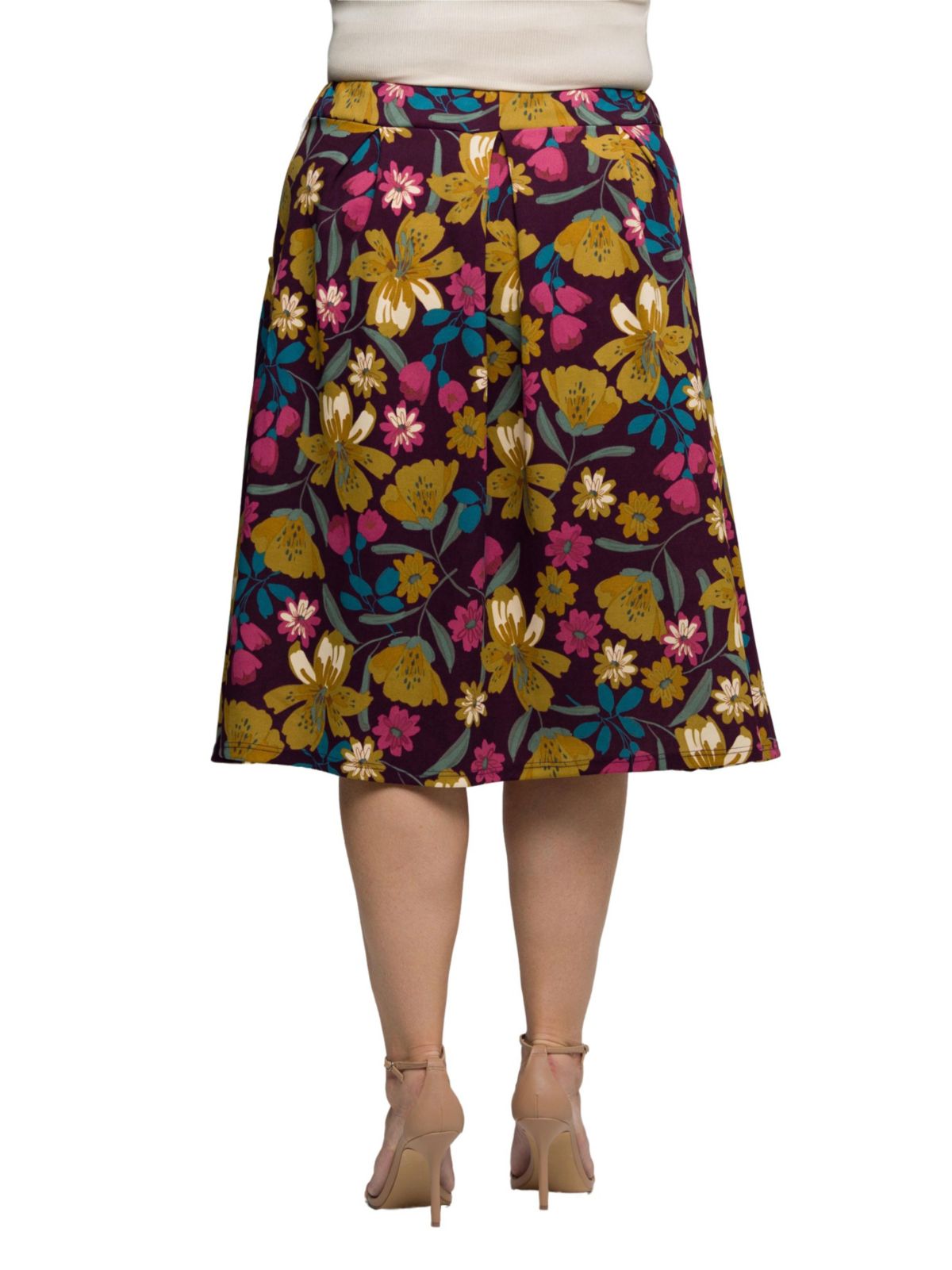 Womens Plus Size Purple Floral Elastic Waist Pocket Midi Skirt