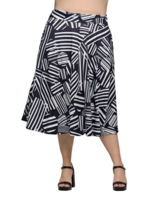 24seven Comfort Apparel Women's Plus Size Black Geometric Print Elastic Waist Pocket Midi Skirt