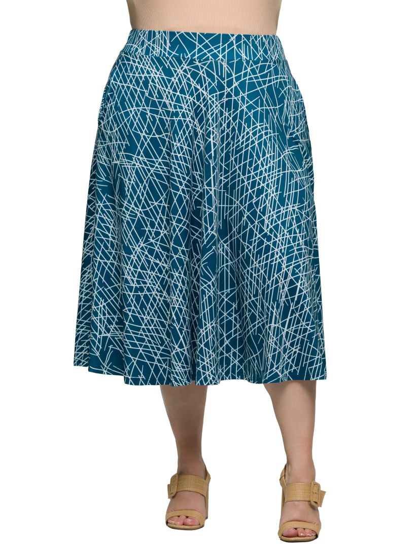 Plus Size Teal Geometric Print Elastic Waist Pocket Midi Skirt