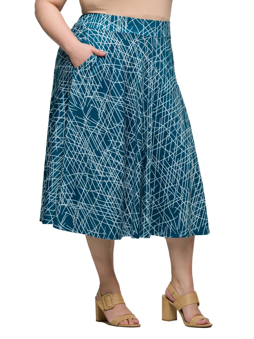 Plus Size Teal Geometric Print Elastic Waist Pocket Midi Skirt