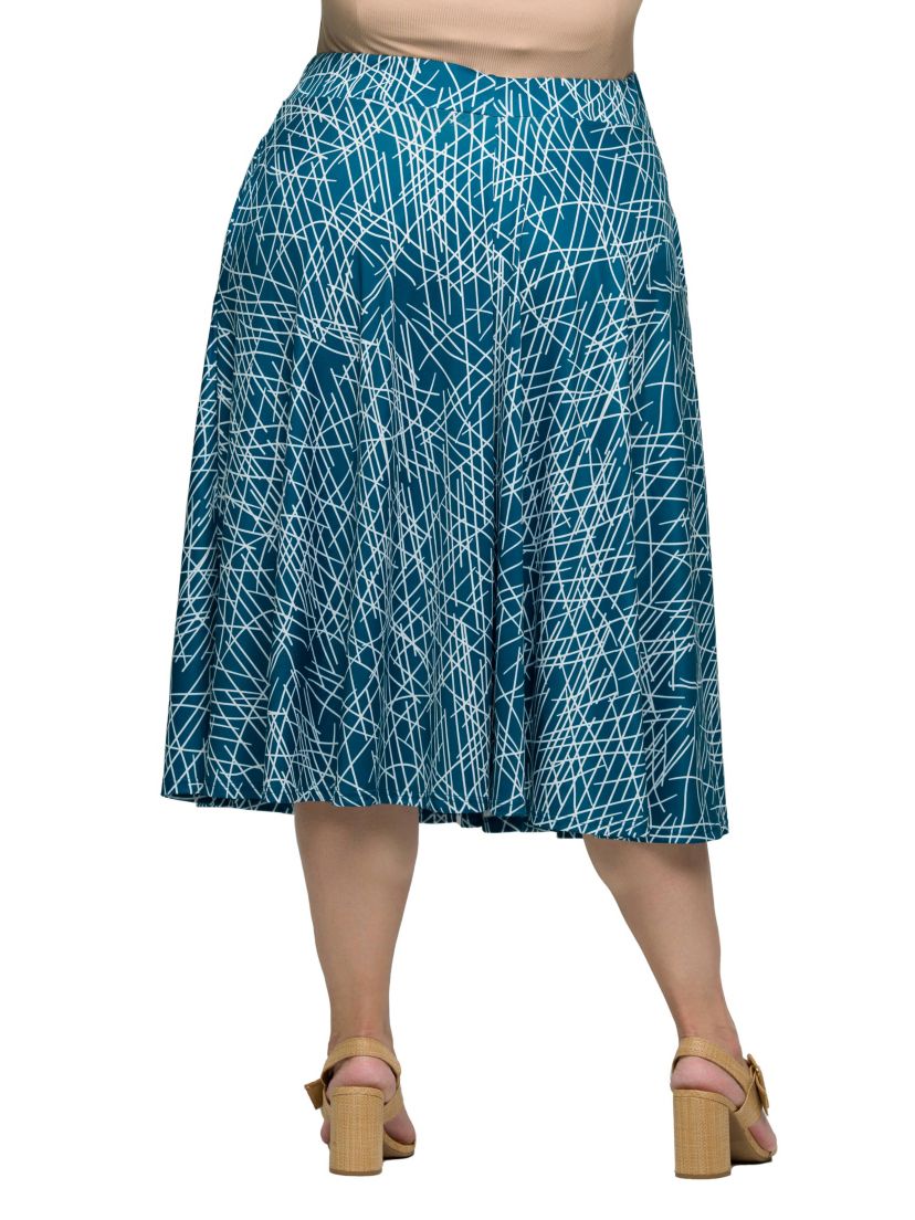 Plus Size Teal Geometric Print Elastic Waist Pocket Midi Skirt