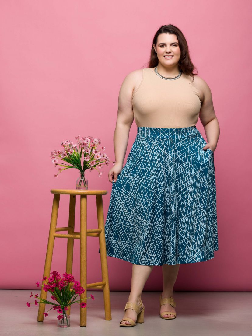 Plus Size Teal Geometric Print Elastic Waist Pocket Midi Skirt