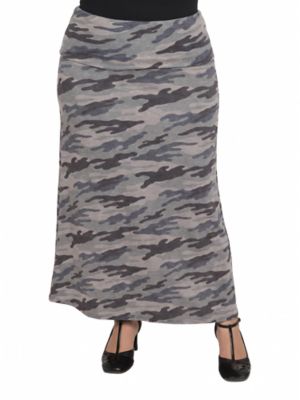 24seven Comfort Apparel Women's Essential Curvy Soft Stretch Camouflage Elastic Waist Maxi Skirt