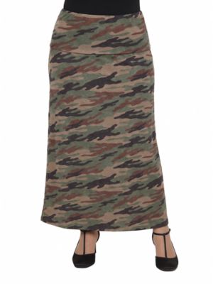 24seven Comfort Apparel Women's Essential Curvy Soft Stretch Camouflage Elastic Waist Maxi Skirt