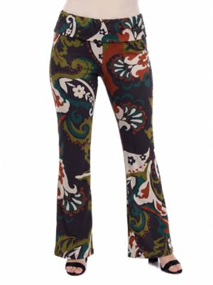 24seven Comfort Apparel Women's Essential Curvy Paisley Floral Bell Bottom Foldover Waist Sweatpants