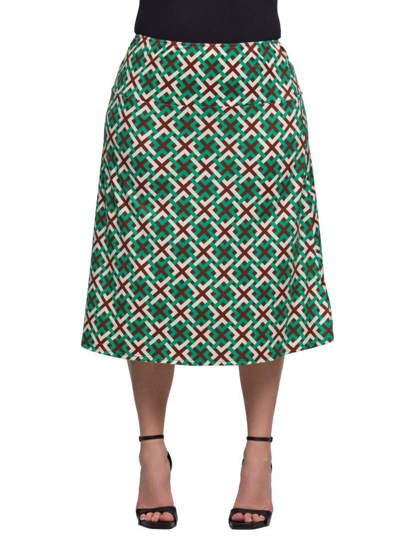Plus Size Green Geometric Print Comfortable Elastic Waist Knee Length Skirt