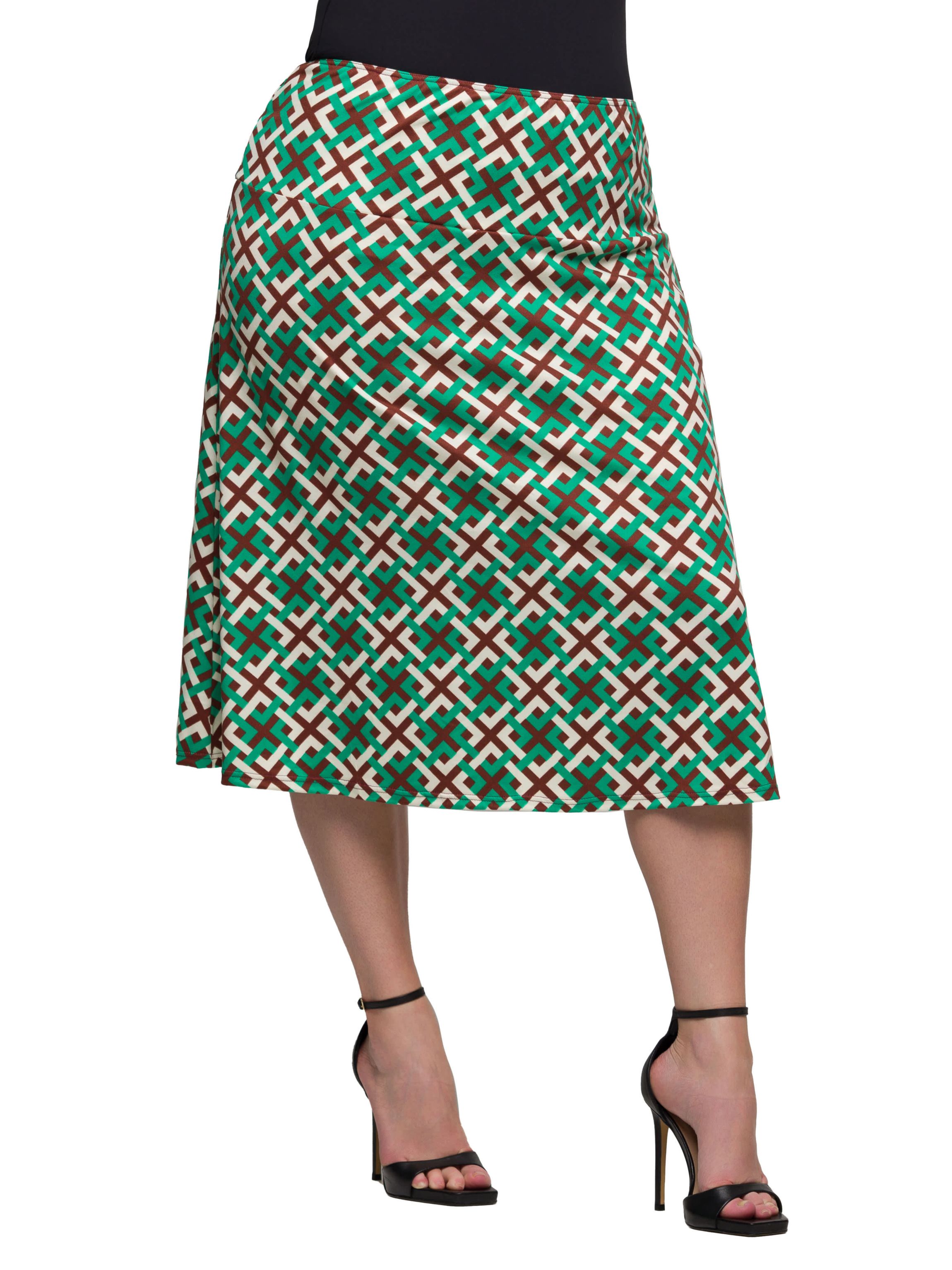 Plus Size Green Geometric Print Comfortable Elastic Waist Knee Length Skirt