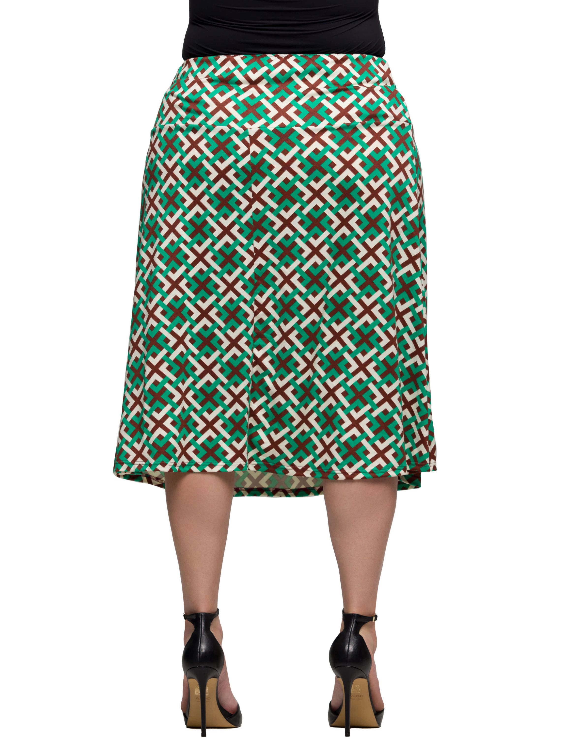 Plus Size Green Geometric Print Comfortable Elastic Waist Knee Length Skirt