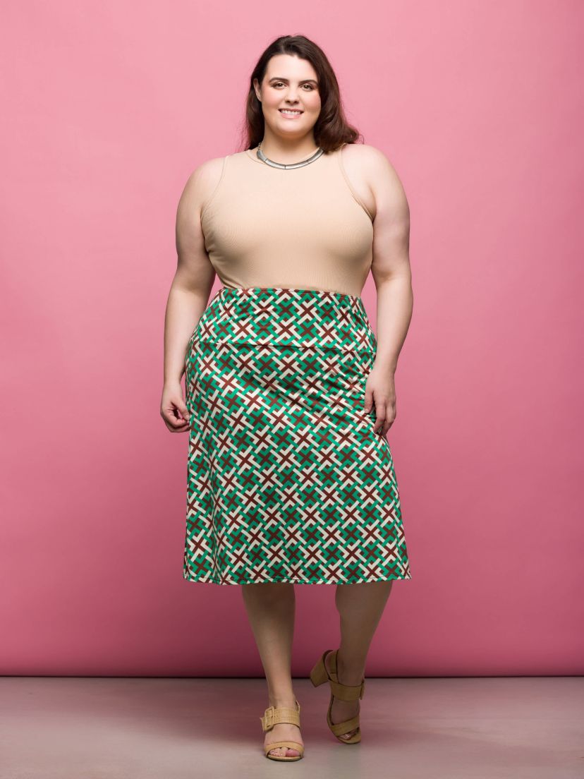 Plus Size Green Geometric Print Comfortable Elastic Waist Knee Length Skirt