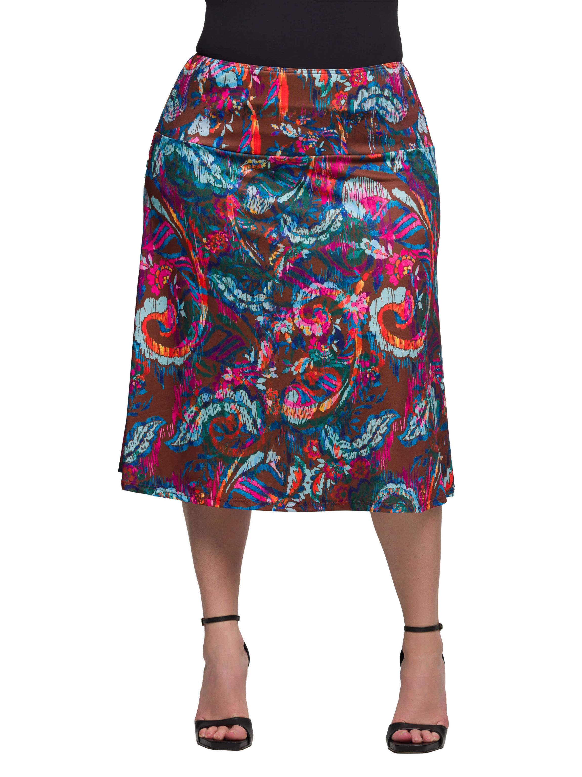 Plus Size Brown Paisley Print Comfortable Elastic Waist Knee Length Skirt